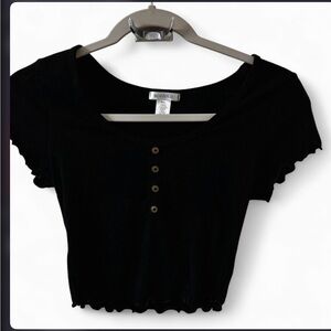 Bozzolo Black Ribbed Short Sleeve Button-Front Crop Top